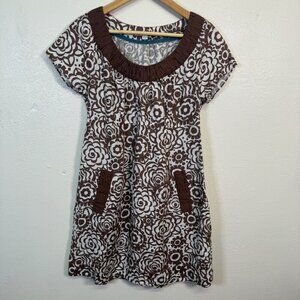 Boden 100%‎ Linen Pocket Shift Dress Brown Floral Boho Cottage Summer